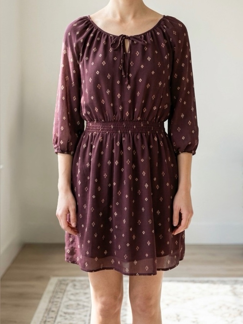 Maurices Plum Boho Geometric Print Smocked Mini Dress Fall Peasant Tiered S EUC
